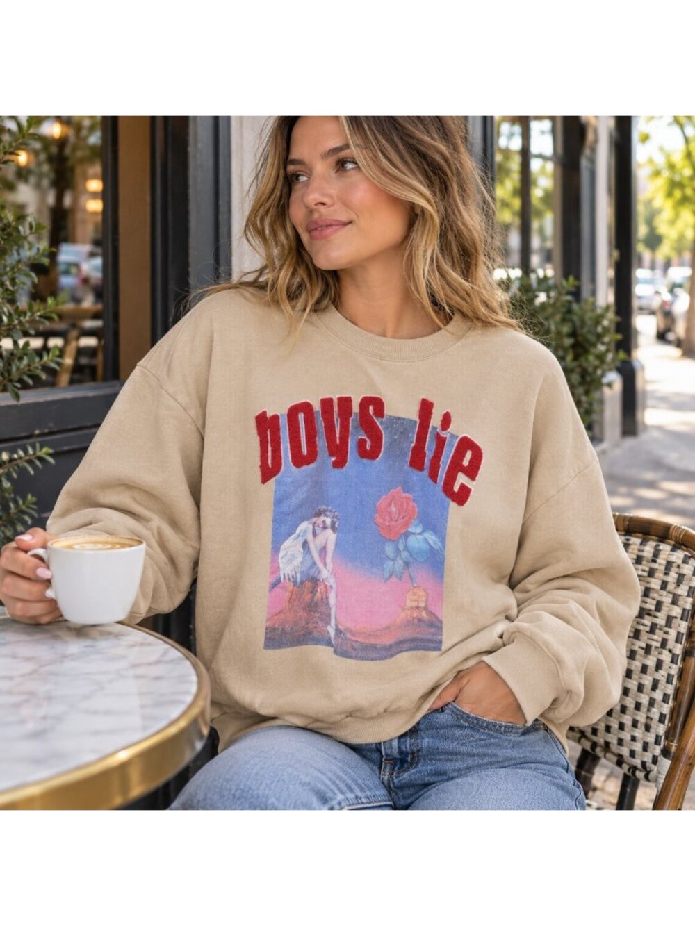 Boys Lie Desert Oasis Terry Natural Kara Crewneck Graphic Sweatshirt XS/S Beige
